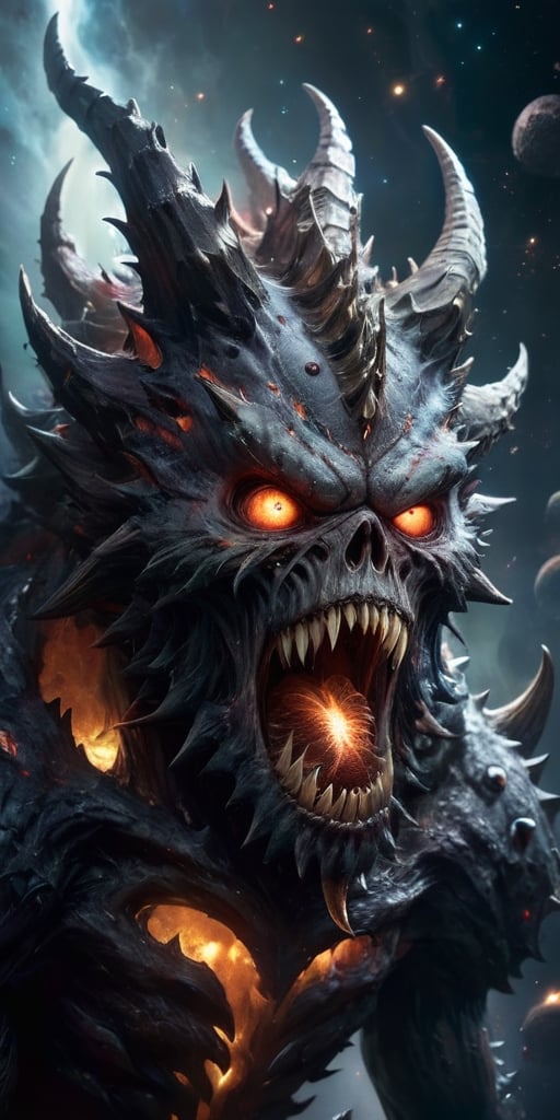 A massive,  multi-eyed behemoth with razor-sharp spines covering its body,  floating menacingly in the vastness of space b...
