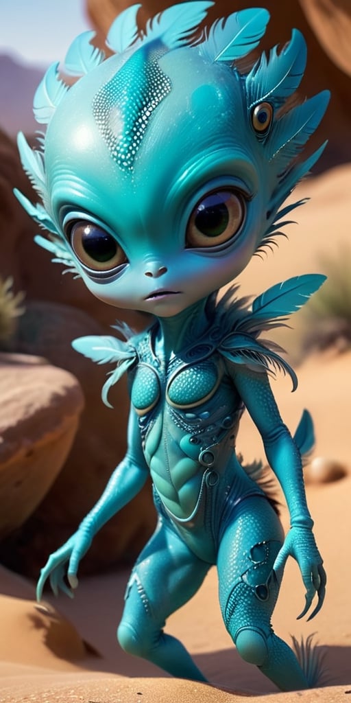 An alien infant with a body that is covered in tiny,  feather-like scales that rustle softly in the breeze. It has large,...