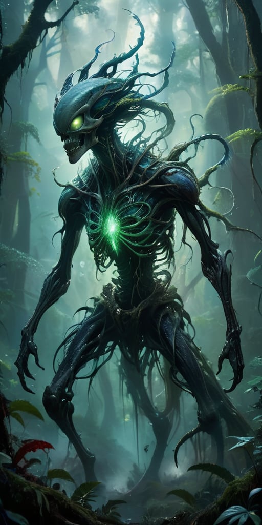 Emerging from a swirling,  ethereal mist,  a monstrous alien creature with a skeletal frame and bioluminescent by Caption...
