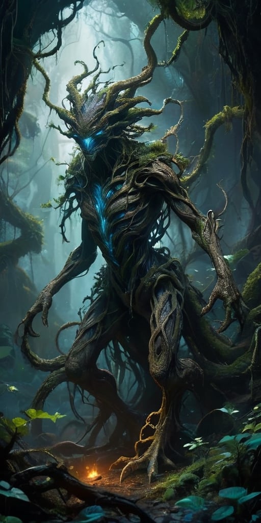 The Shadowed Abyss In the depths of a dark,  cavernous abyss,  where twisted roots of ancient trees intertwine with alien...