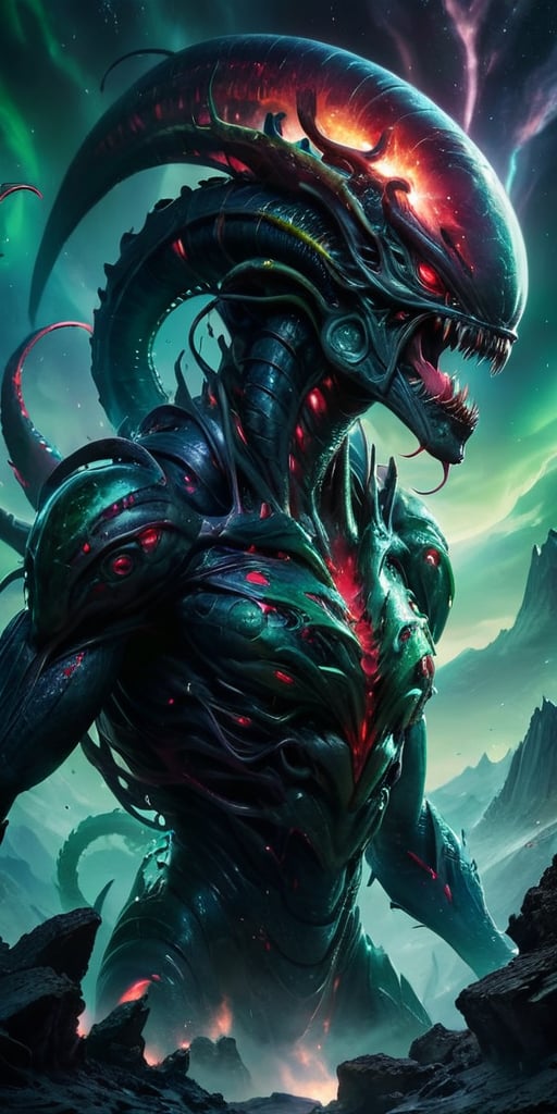 Create an image of a dangerous alien monster in space,  towering over a desolate alien landscape with dark,  armored scale...