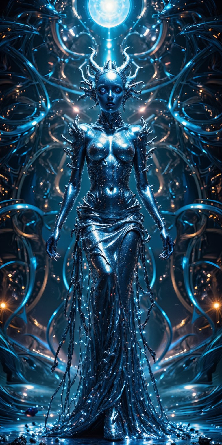 Alien Empress A regal woman with luminescent skin,  silver-blue eyes,  and an otherworldly presence. Her dress is made of...