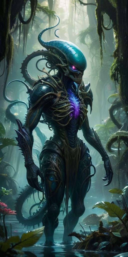 A colossal alien-monster hybrid rises from a bubbling,  toxic swamp on an alien planet. Its body is covered in thick,  arm...