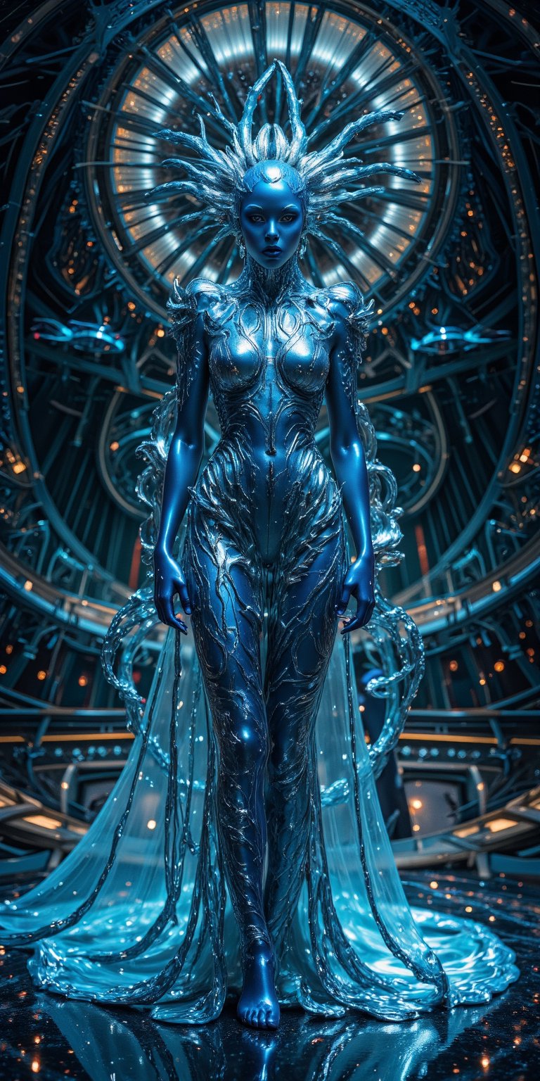 Alien Empress A regal woman with luminescent skin,  silver-blue eyes,  and an otherworldly presence. Her dress is made of...