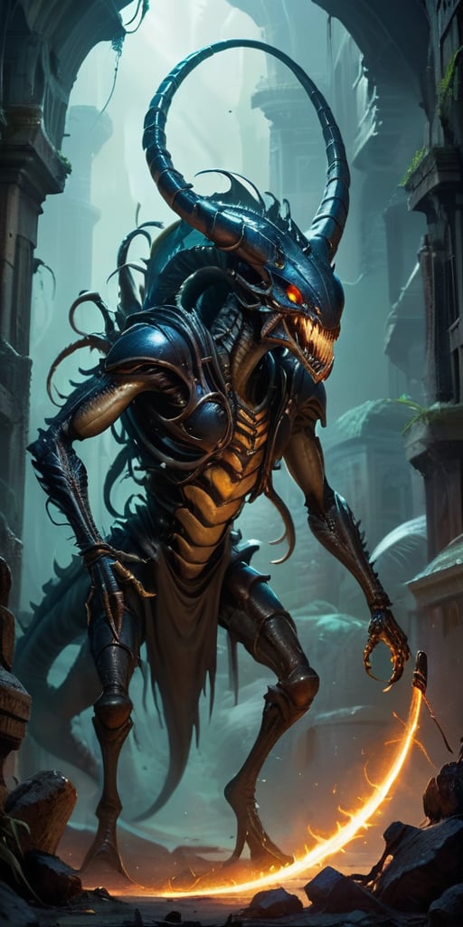 Roaming the ruins of an ancient,  alien city,  a monstrous creature with a centipede-like body and humanoid torso moves wi...