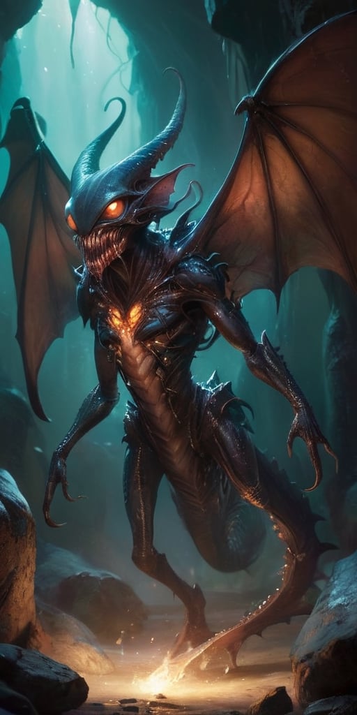 In the depths of a dark,  cavernous alien world,  a monstrous alien hybrid slithers through the shadows. Its body is a gro...