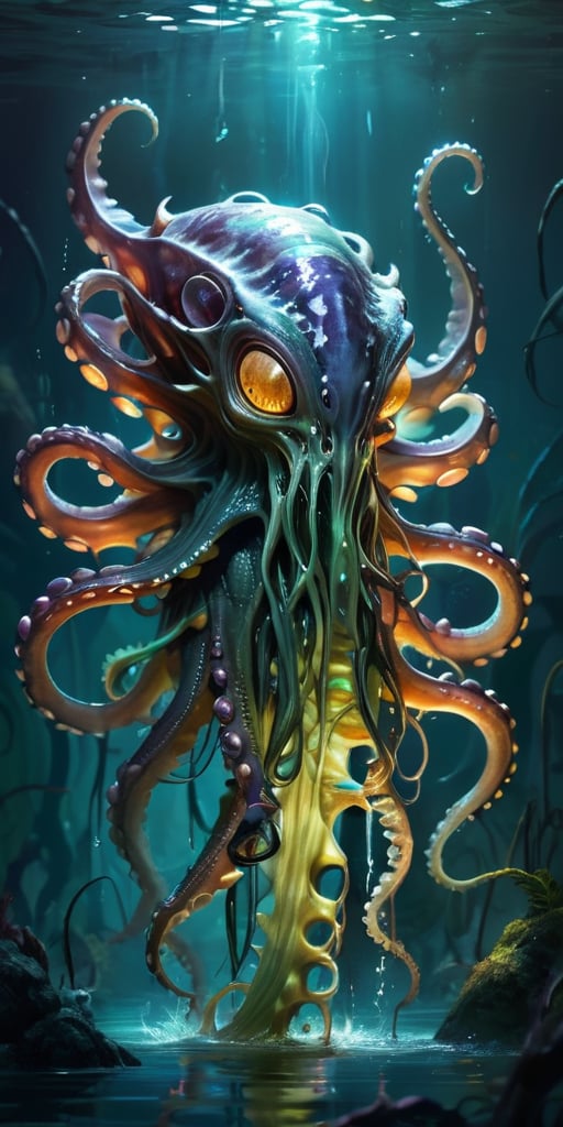 Rising from the dark waters of an alien marsh,  a nightmarish alien creature with a cephalopod-like body and reptilian lim...