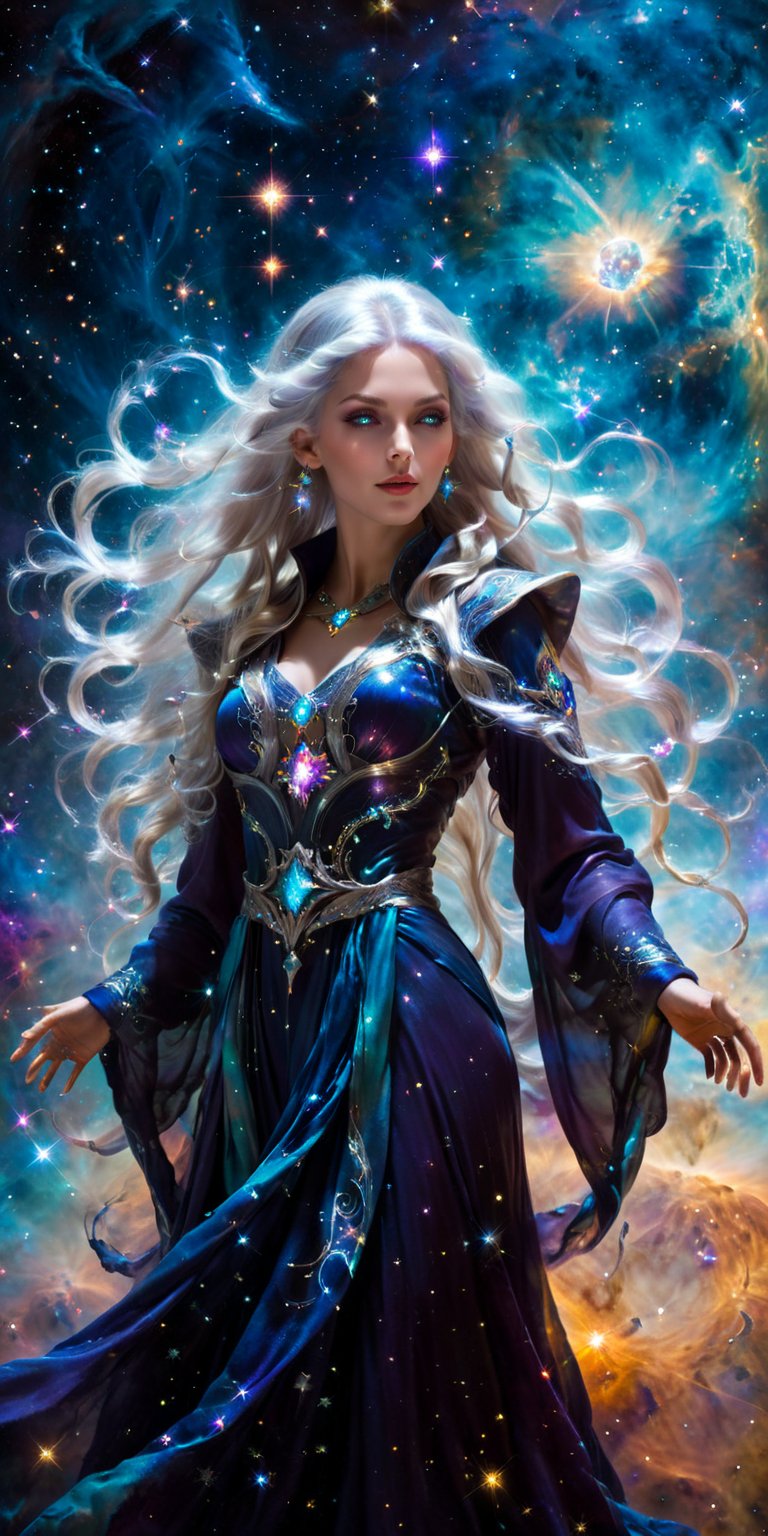 Stellar Sorceress A mesmerizing woman with long, silver hair, dressed in a flowing, ethereal robe that glows with the colors of the universe. She hovers in space, surrounded by swirling galaxies and planets, with her hands outstretched, manipulating cosmic energy.
