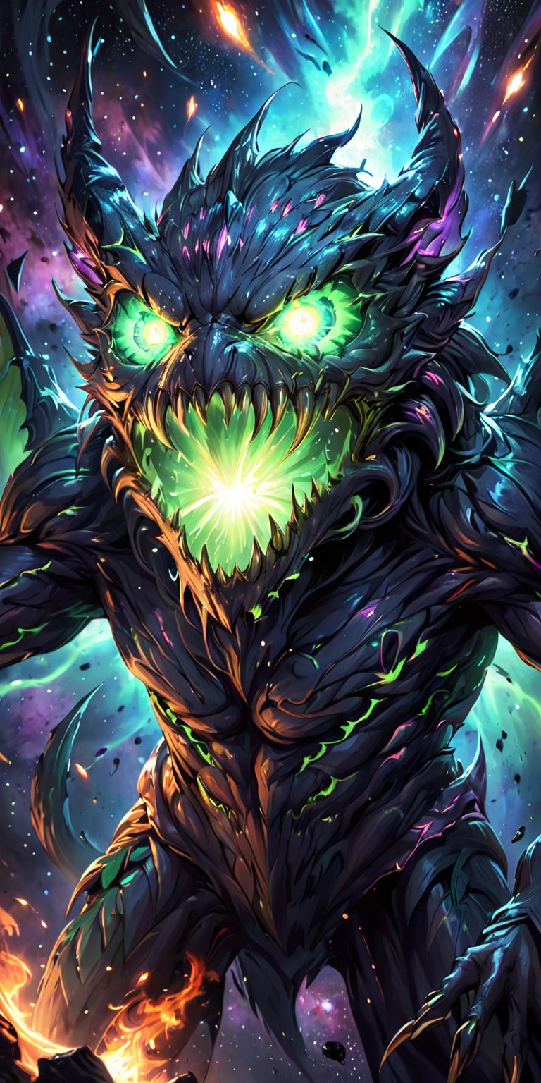 Alien Monster with Glowing Eyes:A terrifying alien monster with multiple eyes that glow neon green,  its sharp claws and j...