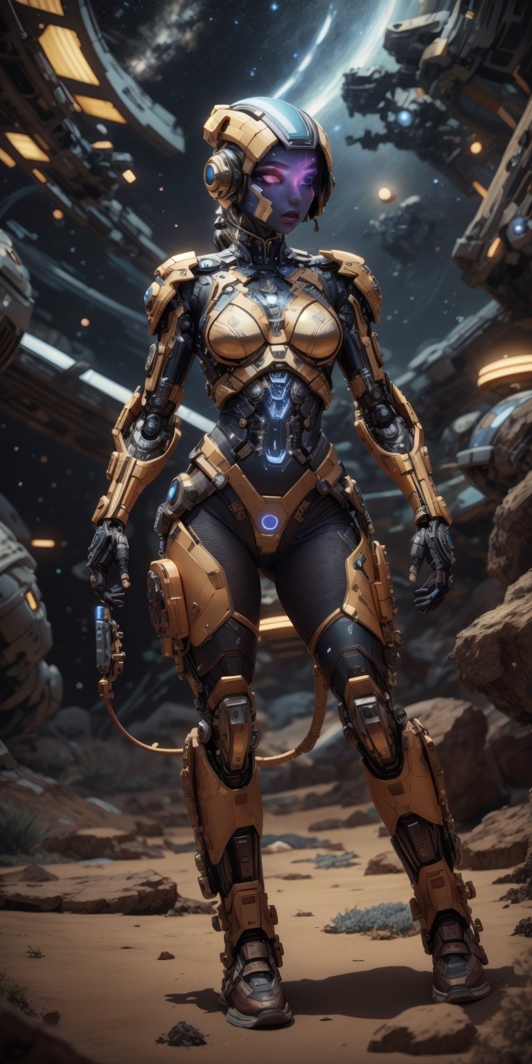 A lone cyborg,  her mechanical limbs gleaming in the starlight,  explores a desolate alien world. by Caption Master on Ten...