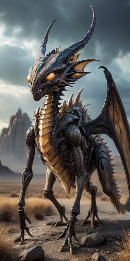 On a barren,  rocky alien planet,  a nightmarish hybrid creature prowls through a field of jagged by Caption Master on Ten...
