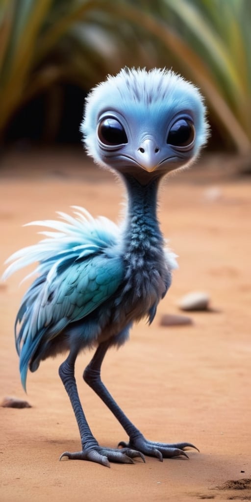 A baby alien with soft,  downy feathers that cover its body. It has a long,  slender neck and a small by Caption Master on...