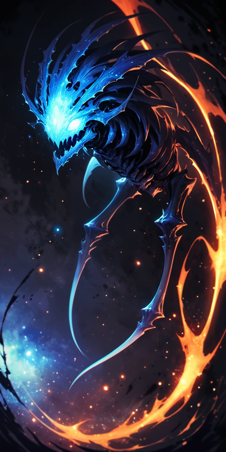 Void Stalker:A sinister alien creature with elongated limbs and a skeletal frame,  its eyes glowing a haunting blue. It fl...