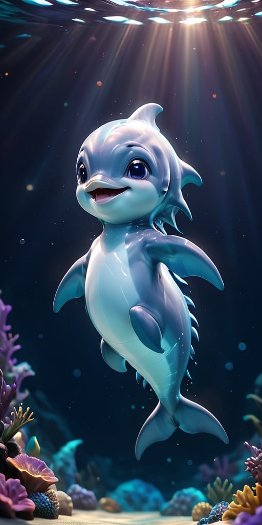 close up angle of, cut body, ((),(3d dolphin )) surrounded by underwater,( )  ,animal, detailed focus, deep bokeh, beautiful, , dark cosmic background. Visually delightful , 3D,more detail XL,chibi