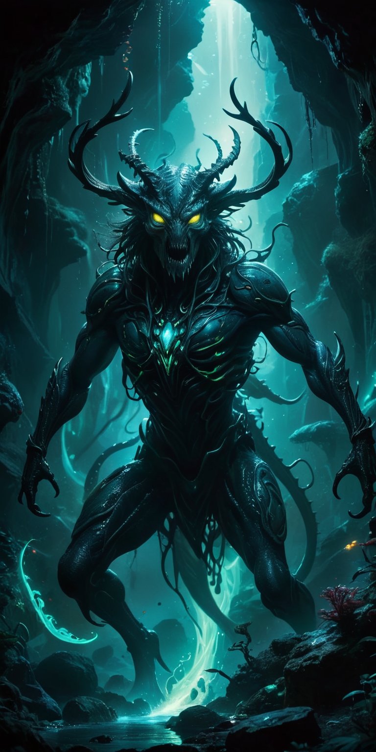 Deep within a bioluminescent cavern,  a serpentine alien with glowing eyes battles a grotesque stag with pulsating alien g...
