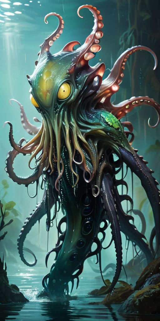 Rising from the dark waters of an alien marsh,  a nightmarish alien creature with a cephalopod-like body and reptilian lim...