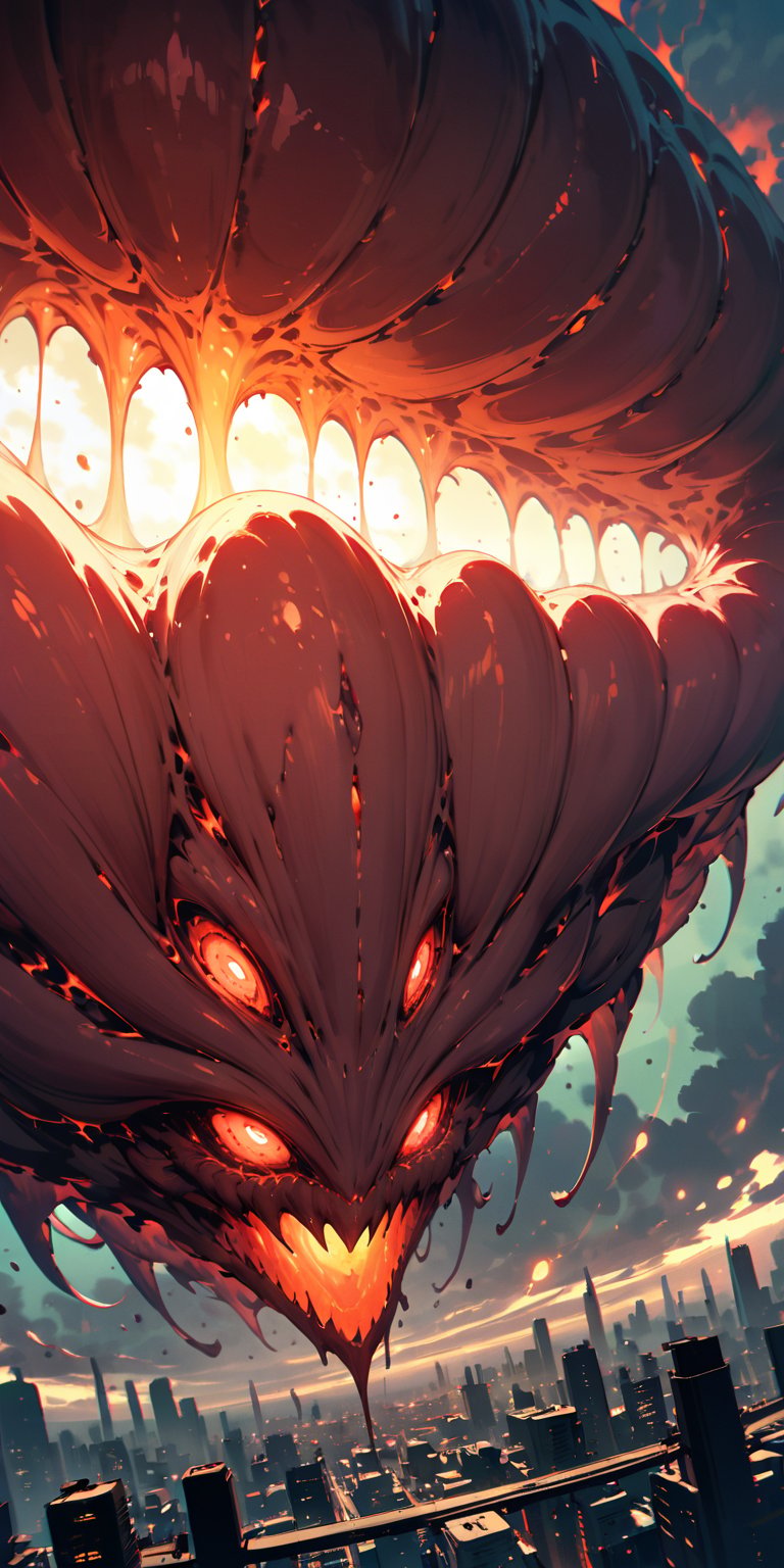 A colossal,  serpentine alien creature with glowing red eyes and a hide covered in barnacle-like growths emerges from a po...