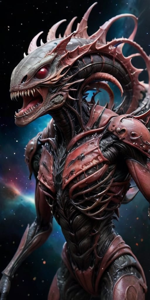 Drifting through the wreckage of a space battle,  a horrifying creature appears,  a blend of alien and nightmare. Its body...