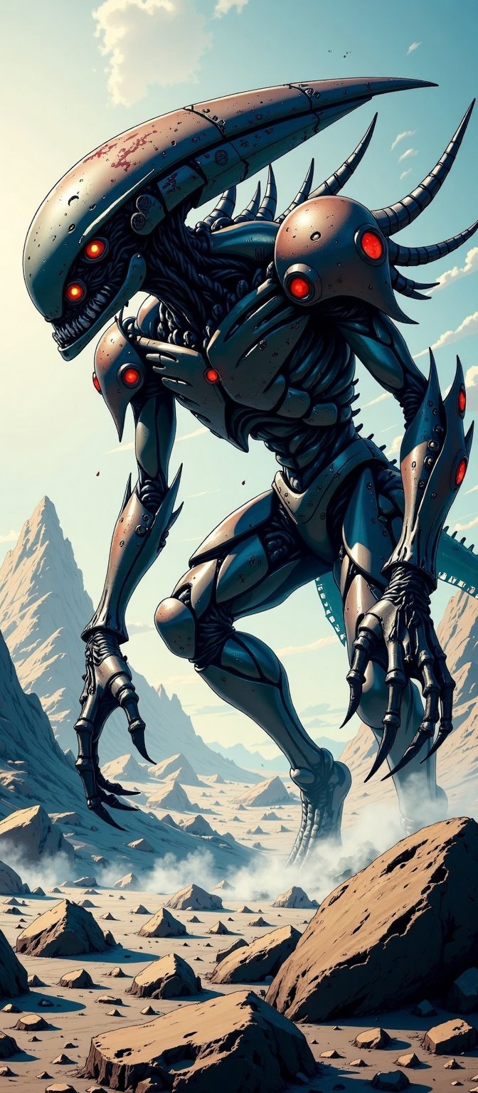 A monstrous alien with razor-sharp exoskeletons,  its flesh riddled with cybernetic implants,  stalking through the debris...