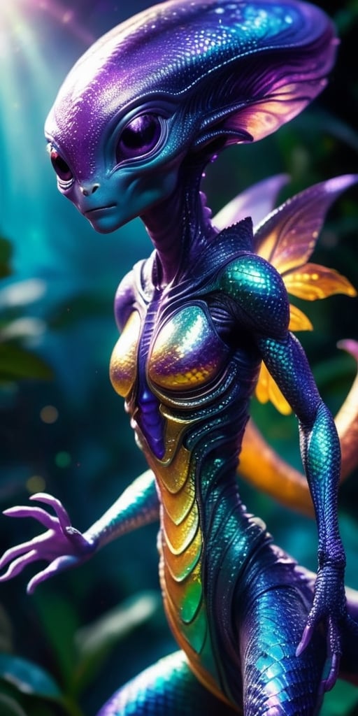 An alien infant with iridescent scales that shimmer in the sunlight. It has a long,  slender tail that it uses for balance...