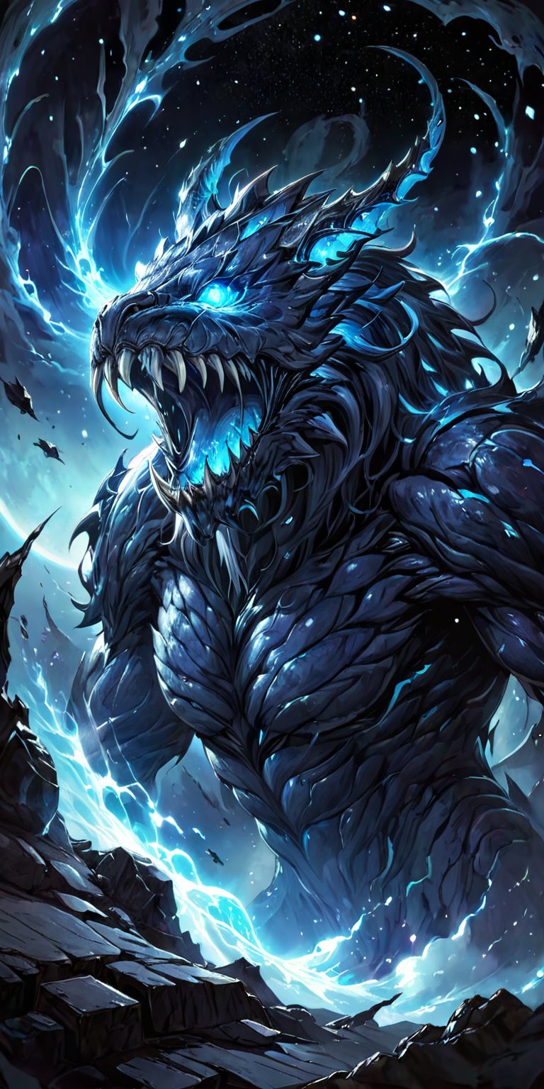 Galactic Devourer:A colossal alien beast with multiple rows of teeth and glowing blue veins,  floating in the darkness of...