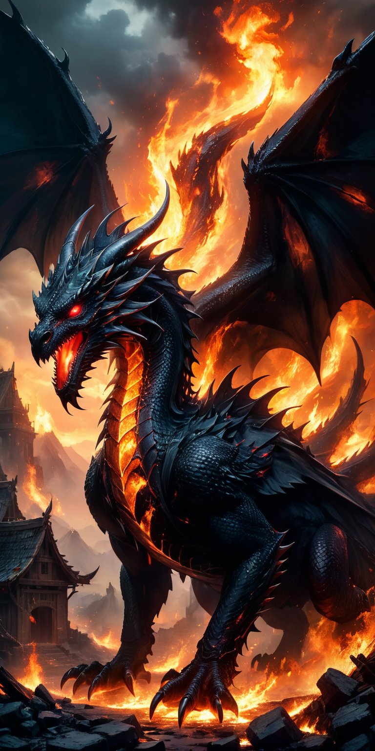 A colossal obsidian dragon with tattered wings,  its glowing red eyes burning with rage as it descends upon a burning vill...