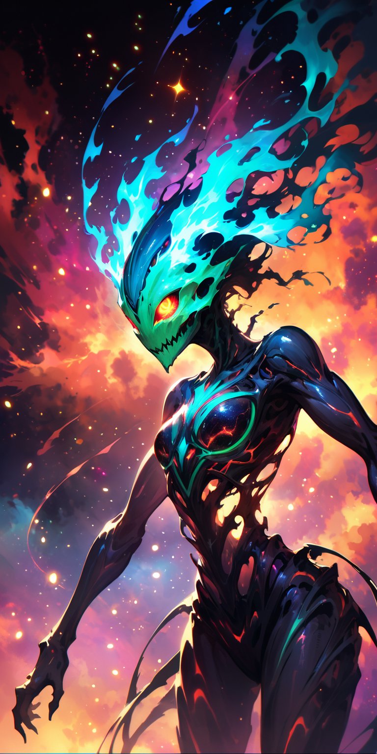 Nebula Fiend:A terrifying alien fiend with a skeletal frame and glowing,  fiery eyes,  emerging from the colorful gases of...