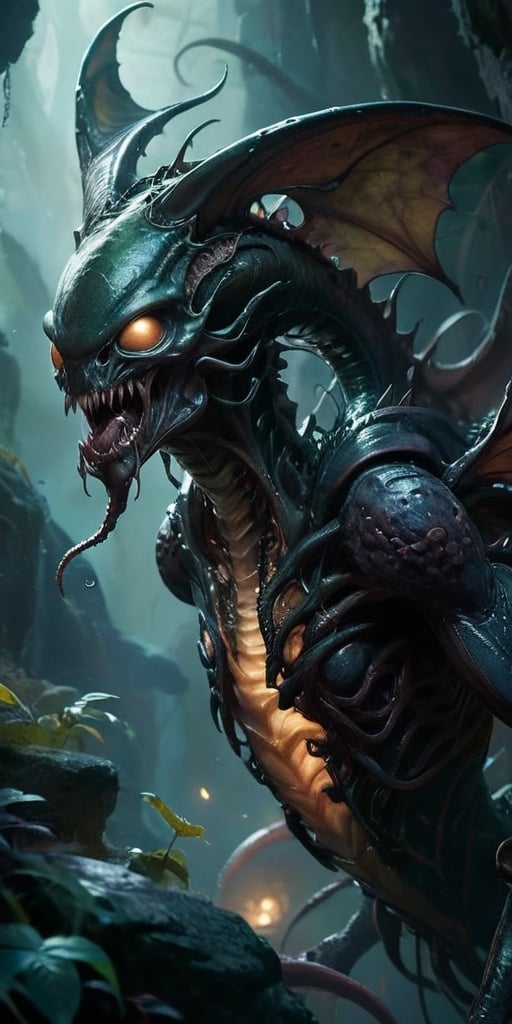 In the depths of a dark,  cavernous alien world,  a monstrous alien hybrid slithers through the shadows. Its body is a gro...