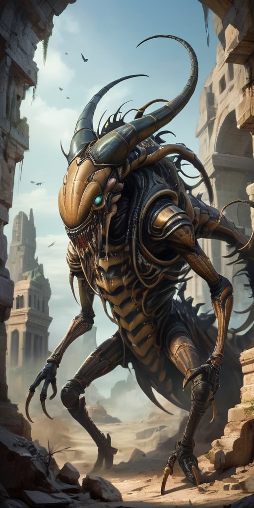 Roaming the ruins of an ancient,  alien city,  a monstrous creature with a centipede-like body and humanoid torso moves wi...