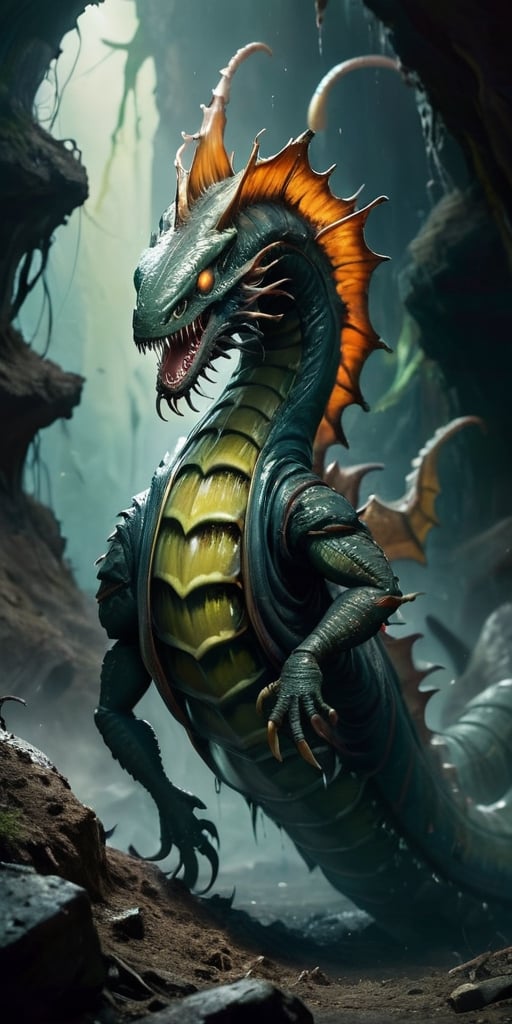 A massive,  worm-like creature that tunnels through the ground,  leaving destruction in its wake. It has a gaping maw line...