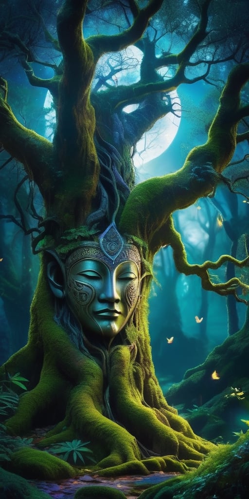 An ancient tree spirit,  its bark adorned with intricate symbols,  stands sentinel over a hidden grove bathed in moonlight...