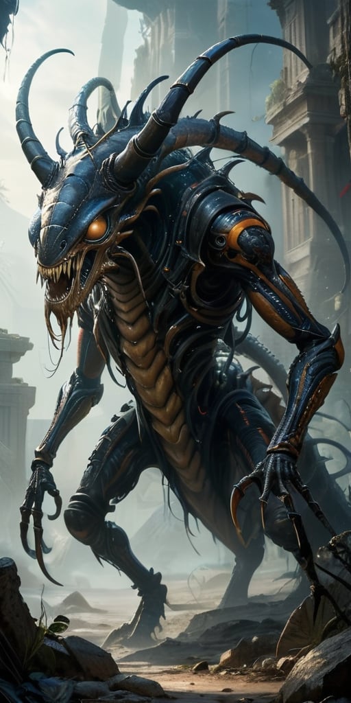 Roaming the ruins of an ancient,  alien city,  a monstrous creature with a centipede-like body and humanoid torso moves wi...