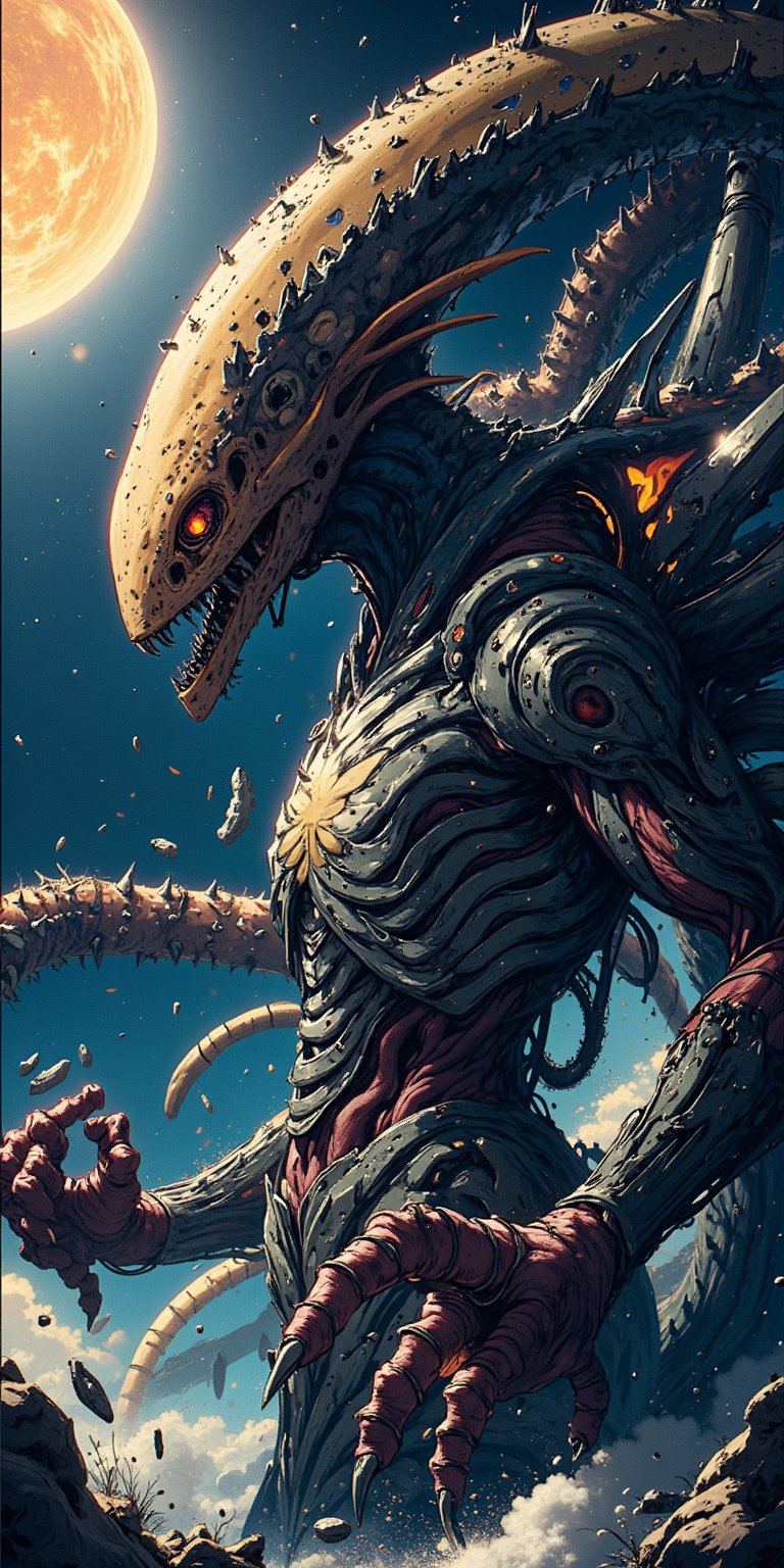 A colossal alien creature with metallic armor fused into its grotesque body,  tearing apart a space station with tentacles...