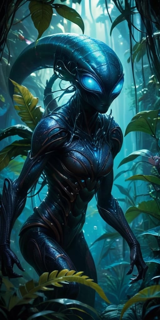 A colossal,  eyeless monstrosity with razor-sharp claws and bioluminescent scales hunts through the dense foliage of a bio...