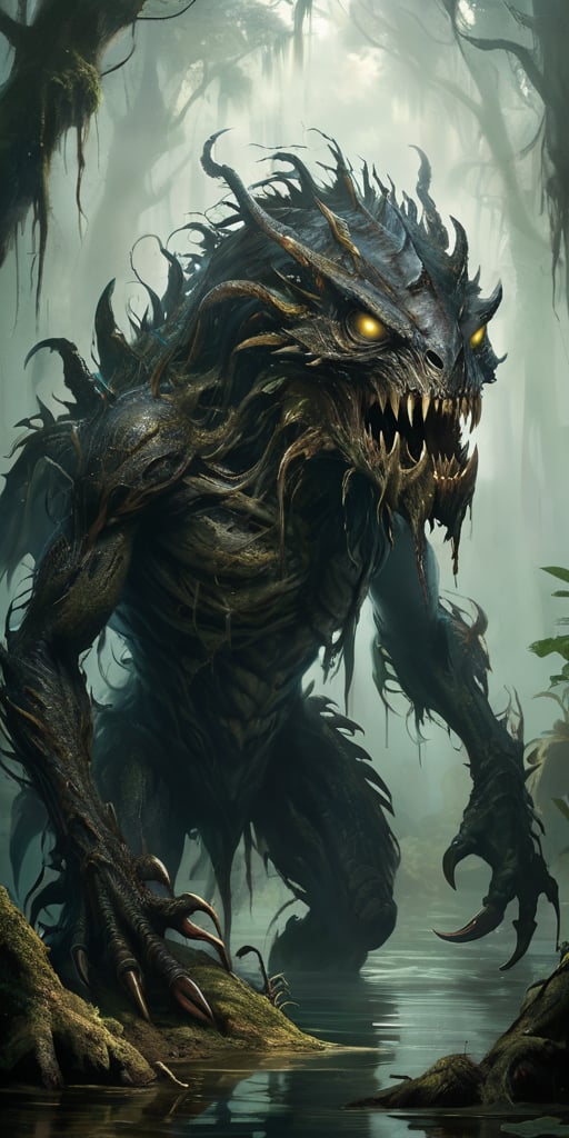 Vicious Swamp Beast A monstrous creature emerging from the murky depths of a swamp. Its body is covered in dark,  slimy sc...