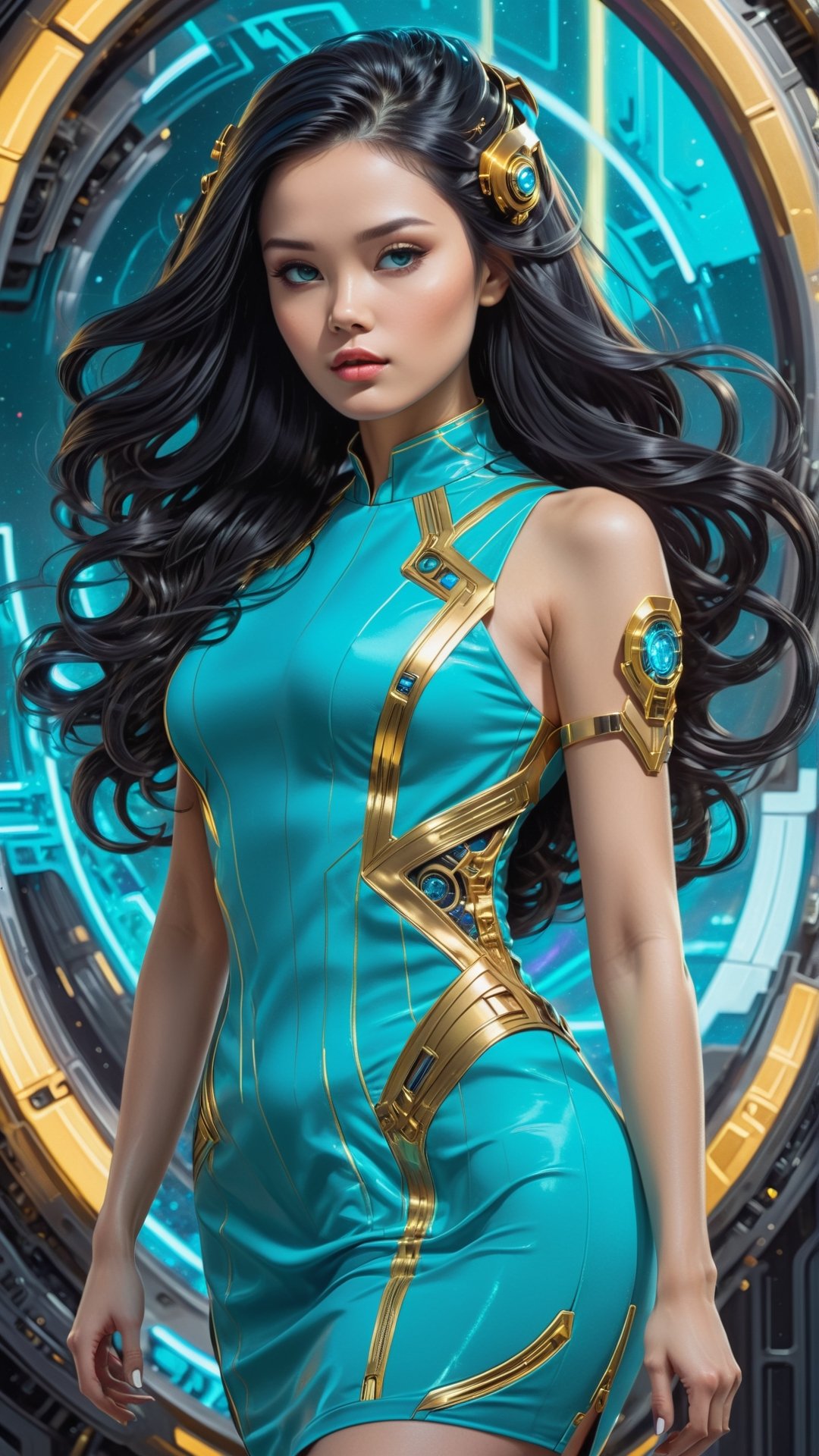 (Women wearing  Neon Cyan
gold sheath dress), long_hair, black-hair , (sci-fi background) ,Leonardo Style,DonMR0s30rd3rXL 