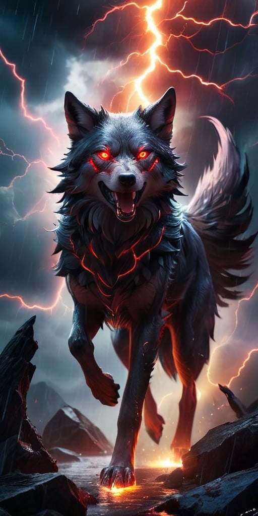 A pack of winged wolf-like creatures with glowing red eyes soar through a raging electrical storm. Their fur crackles with...