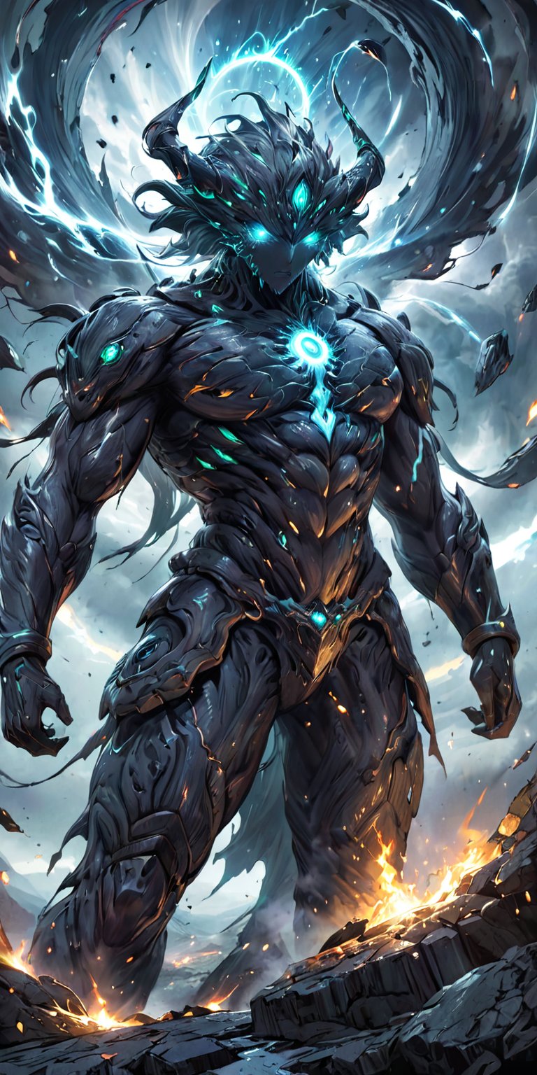 A colossal,  multi-eyed alien entity with a body composed of swirling mist and crackling energy hovers over a decimated ba...