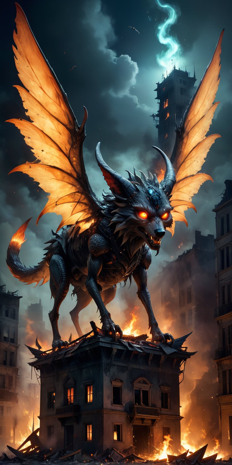 A grotesque winged creature with the head of a wolf and the body of a giant insect lands atop a burning building,  its glo...