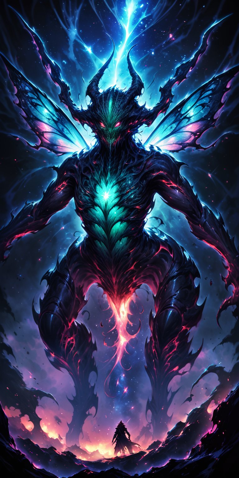 Cosmic Terror:A monstrous alien entity with an insect-like body and luminescent patterns across its exoskeleton. It's posi...