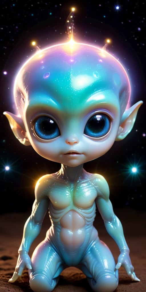 A baby alien with a body that is composed entirely of light. It emits a soft,  gentle glow that illuminates its surroundin...