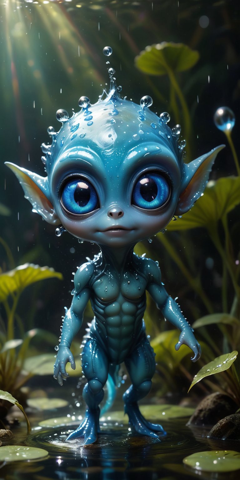 In the crystal-clear waters of an alien pond,  a baby alien with shimmering blue skin and big,  curious eyes splashes glee...