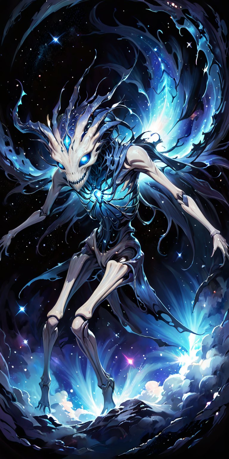 Void Stalker:A sinister alien creature with elongated limbs and a skeletal frame,  its eyes glowing a haunting blue. It fl...