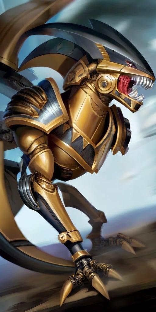 A creature with a body covered in sharp,  metallic plates that clank and clang as it moves. It has a large,  gaping maw fi...