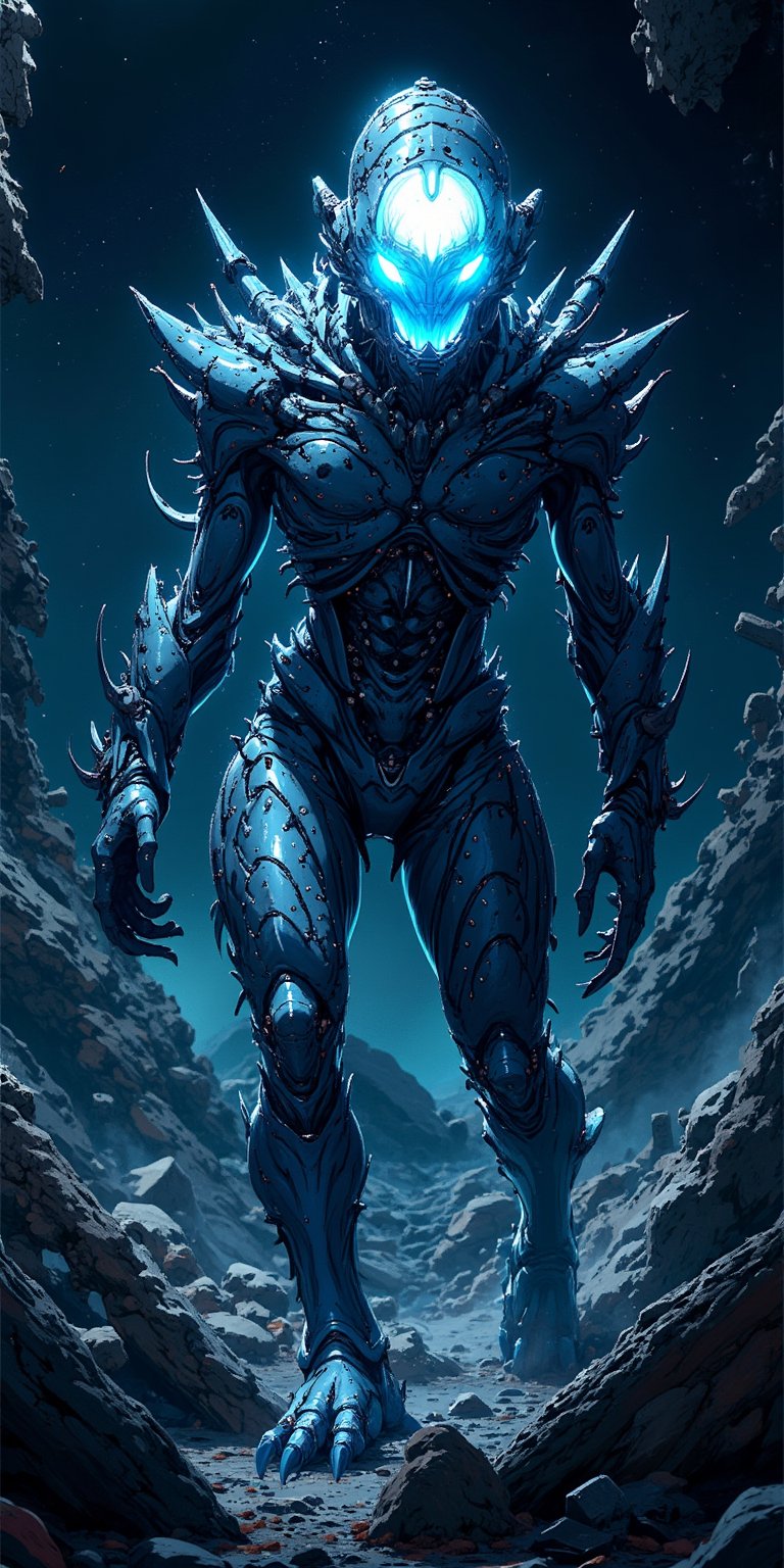 A biomechanical alien-monster hybrid,  covered in sharp exoskeletons and glowing with an eerie blue light,  slithering thr...