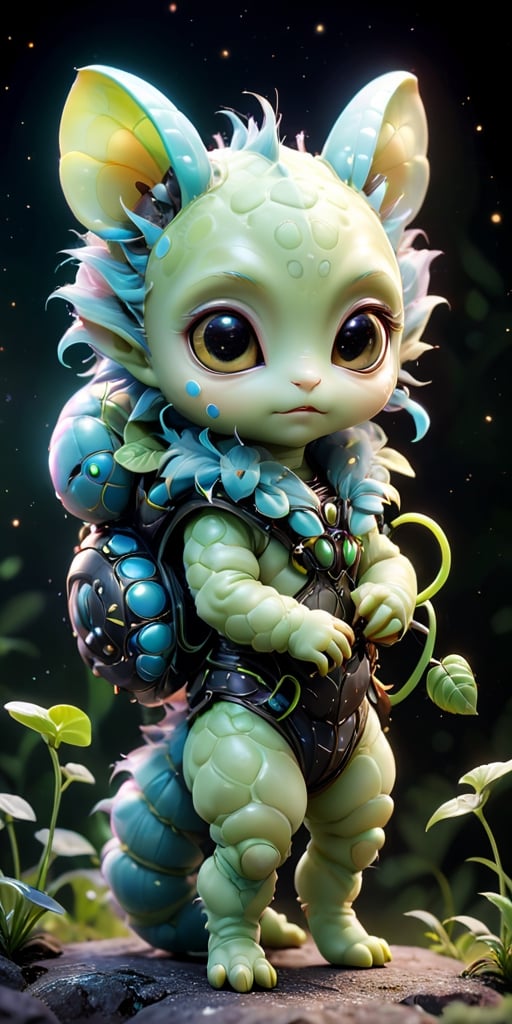 A baby alien with a furry,  caterpillar-like body and large,  soulful eyes that blink slowly. It has tiny by Caption Maste...