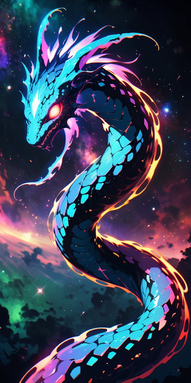 Nebula Serpent:A massive alien serpent with glowing scales and piercing eyes,  slithering through the colorful gases of a...