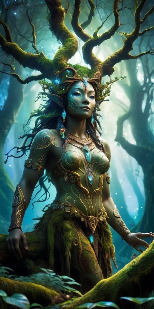An ancient tree spirit,  its bark adorned with intricate symbols,  stands sentinel over a hidden grove bathed in moonlight...