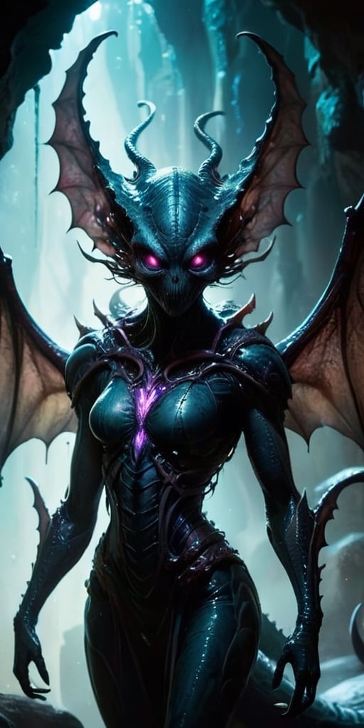 In the depths of a dark,  cavernous alien world,  a monstrous alien hybrid slithers through the shadows. Its body is a gro...