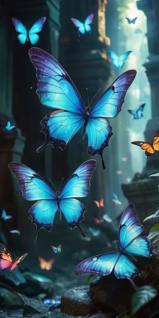 A swarm of bioluminescent butterflies with iridescent wings flutter through the ruins of an ancient alien city. Their deli...